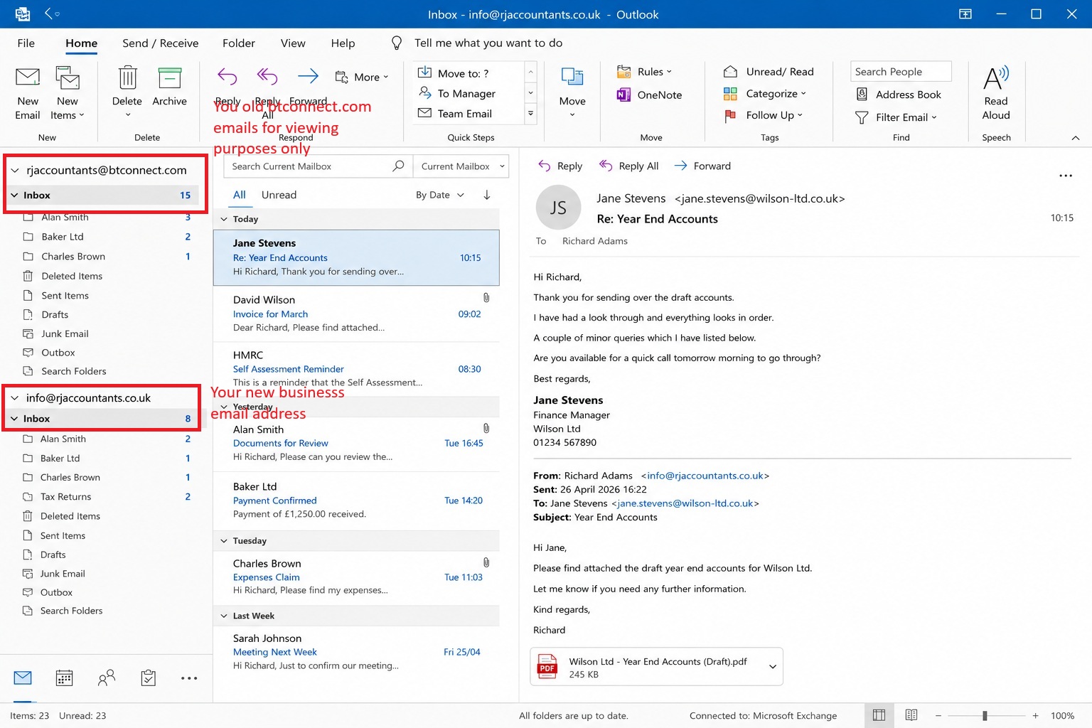 Outlook btconnect and new business email
